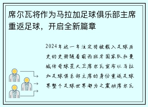 席尔瓦将作为马拉加足球俱乐部主席重返足球，开启全新篇章
