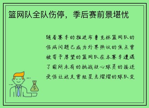 篮网队全队伤停，季后赛前景堪忧